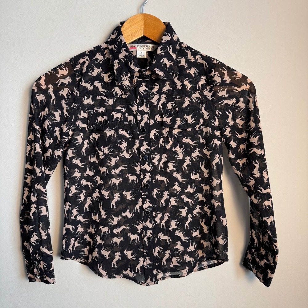 Cumberland Outfitters Women's Sheer Horse Print Button Up Blouse Size Small‎